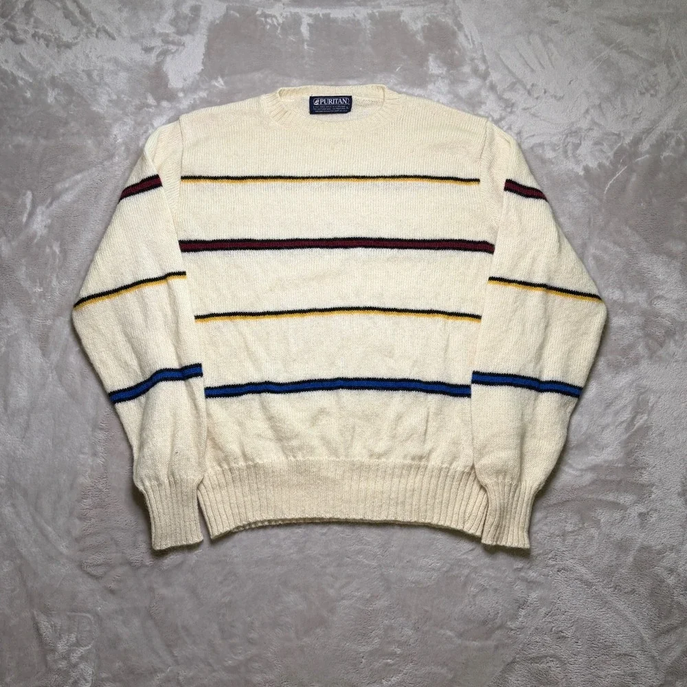 Vtg Puritan Shetland Wool Blend Sweater Size L Striped Crewneck Made in USA
